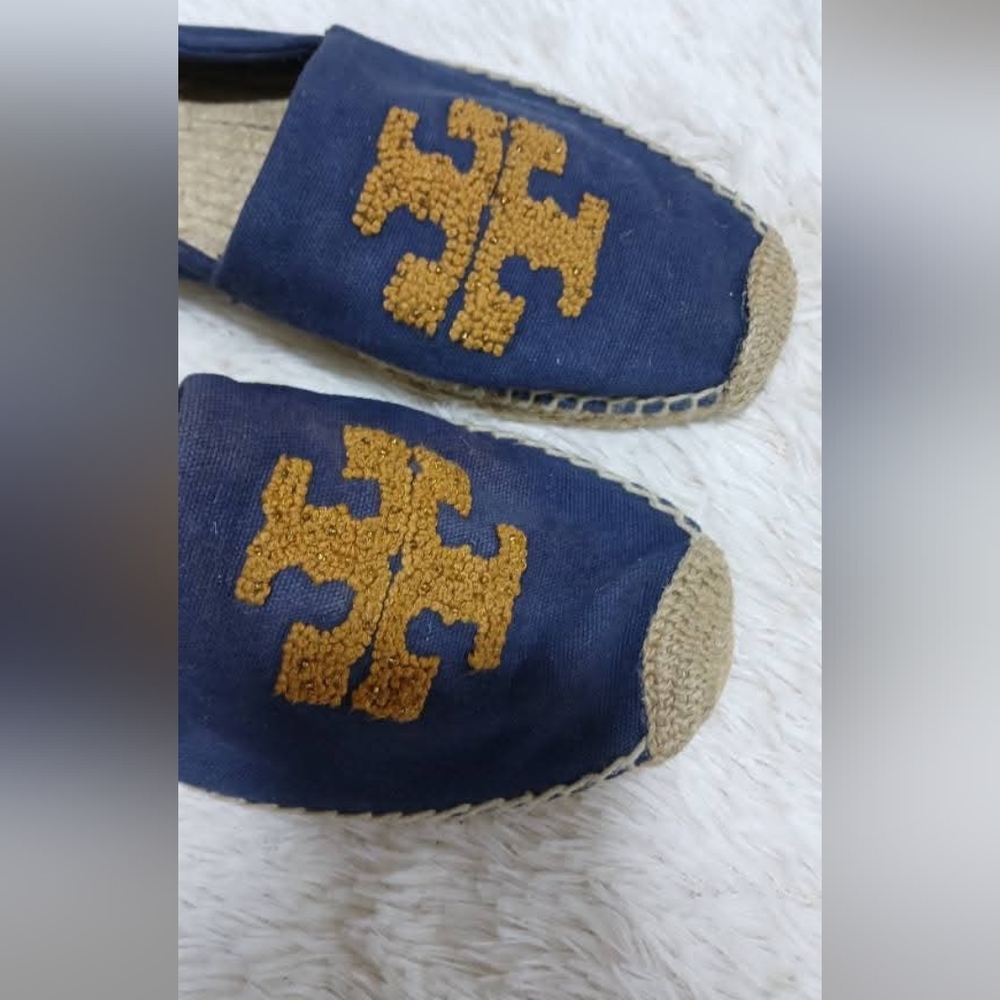 TORY BURCH Women's Elisa Blue Golden Fry Canvas Embroidered Espadrilles SZ 11M - Picture 8 of 9
